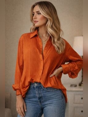 PLT Orange Chiffon Pleated Oversized Cuff Shirt UK 10 US 6 NEW